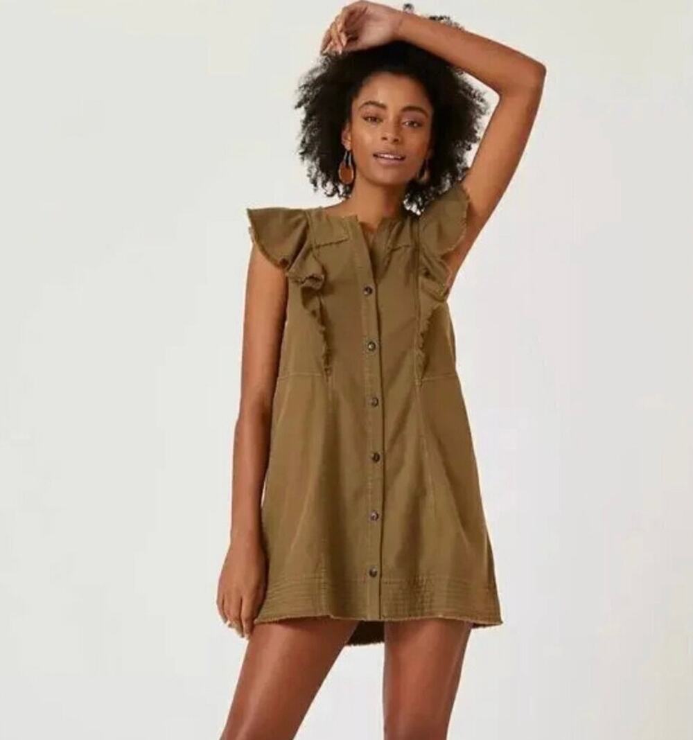 Pilcro Anthropologie Ruffle Utility Mini Dress Women’s S Olive Green Cotton